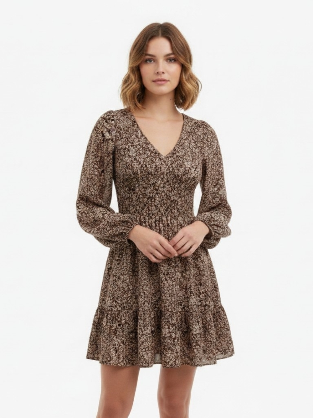 Altar'd State Brown Floral V-Neck Long Sleeve Tiered Dress Size Small